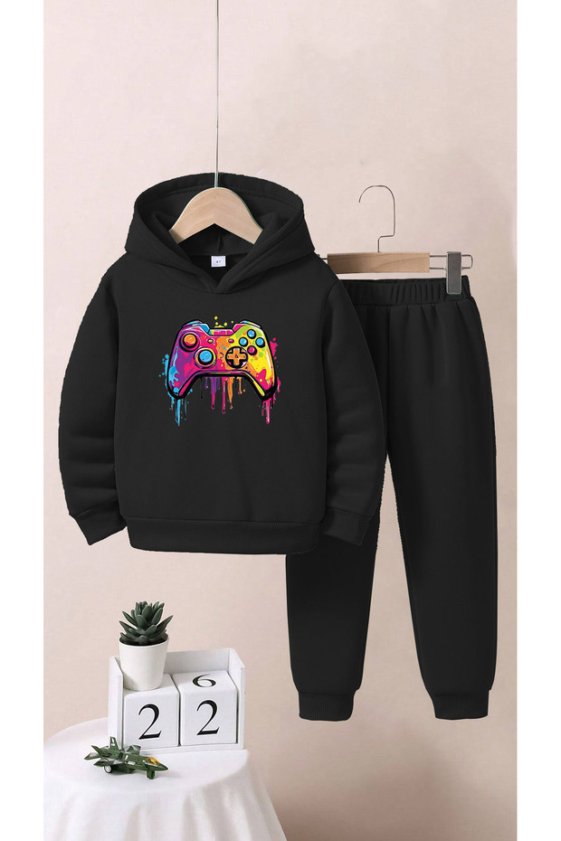 Kids Game Set - Black Printed Top and Bottom Tracksuit