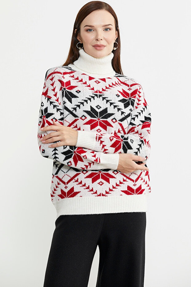 سترة تريكو منقوشة بياقة مدورة - لون عظمي - 1