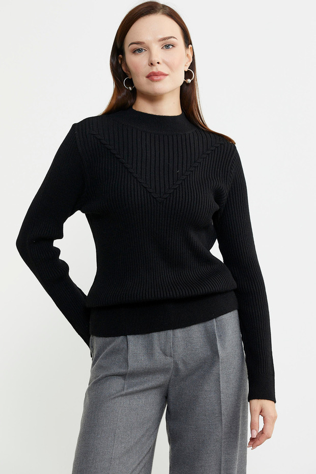 High Collar Patterned Knit Sweater - Black - 1