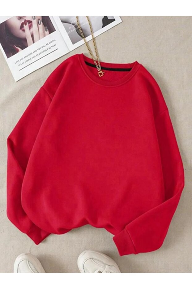 Unisex Red Crew Neck Unprinted Wide Fit Cotton Ribbed Sweatshirt