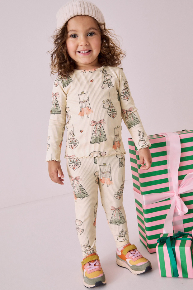 100% Organic Cotton Colorful New Year Patterned Long Sleeve 2-Piece Top and Bottom Set Alyb74982