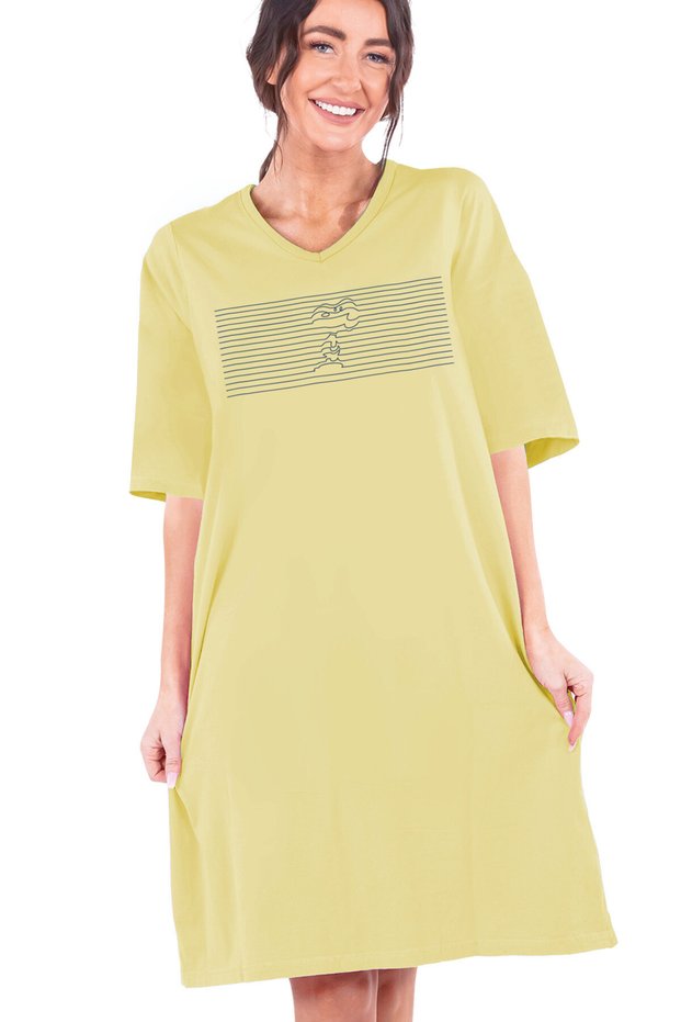 Striped Dog V Neck Half Sleeve Knee Length Comfortable Home Dress Nightgown