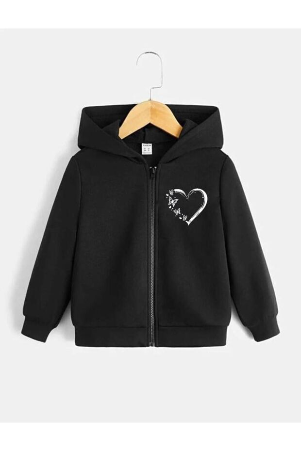 Heart Butterfly Logo Cotton Children's Zipper Cardigan - Black Printed Girls Boys Winter Hoodie