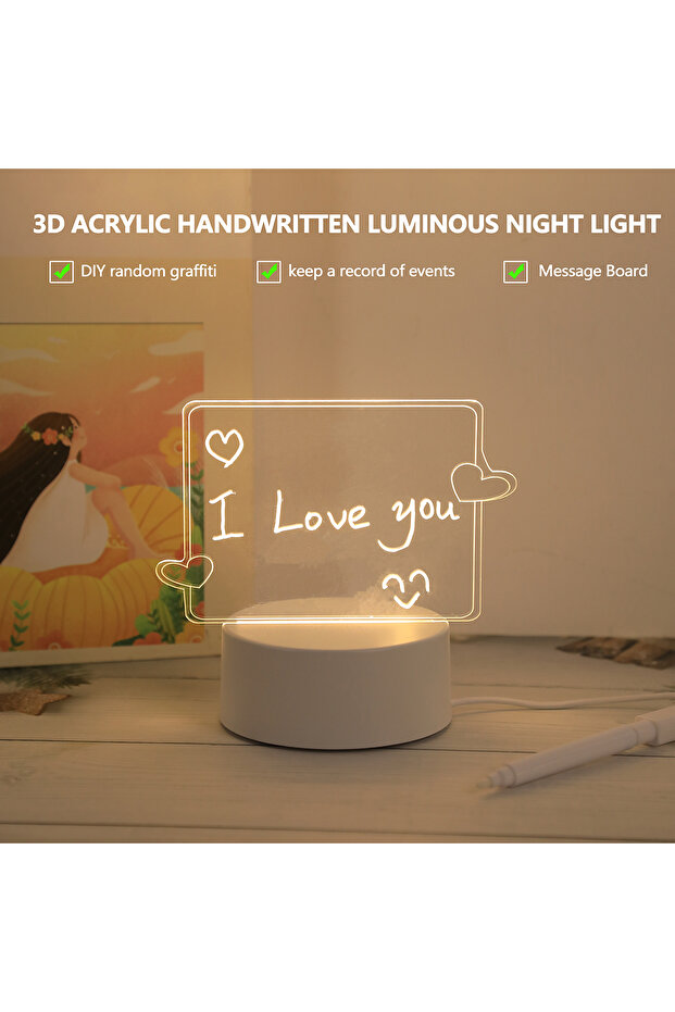 Warm White WHITE USB Creative 3D Luminous Erasable Love Pen Night Light, Message Night Light, Birthd