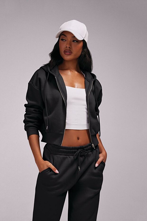 Basic Polar Fermuarlı Kapüşonlu Sweatshirt - 2