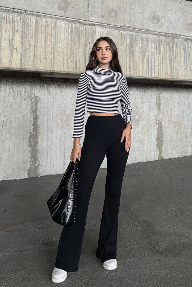 Black Striped Turtleneck Crop Top and Flared Pants K Ribbed Knit Two-Piece Set