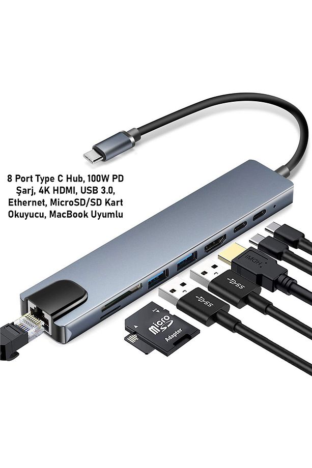 8 Port Type C Hub, 100W PD Şarj, 4K HDMI, USB 3.0, Ethernet, MicroSD/SD Kart Okuyucu, MacBook Uyumlu - 1
