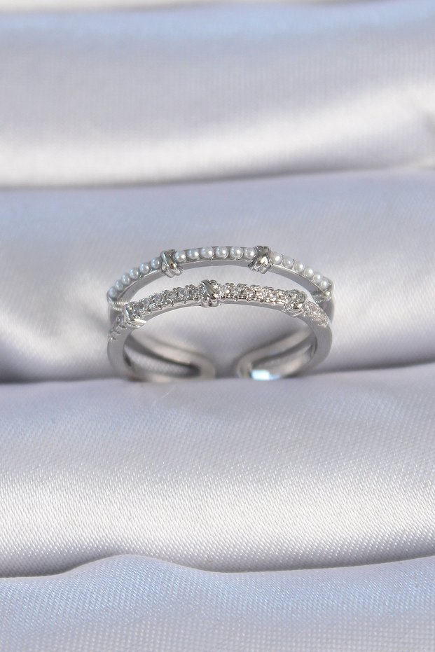 Brass Silver Color Zircon Stone Pearl Detail Women's Ring Tj-Byk3337