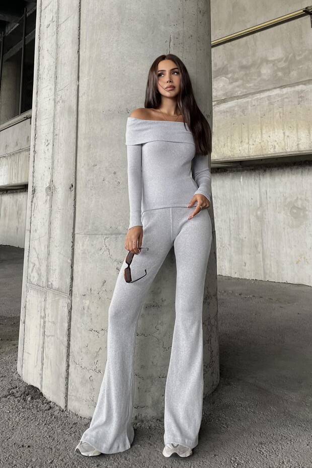 Madonna Yaka Corded Fabric Ribbed Knit Double Set - İ Flared Lt Top Set