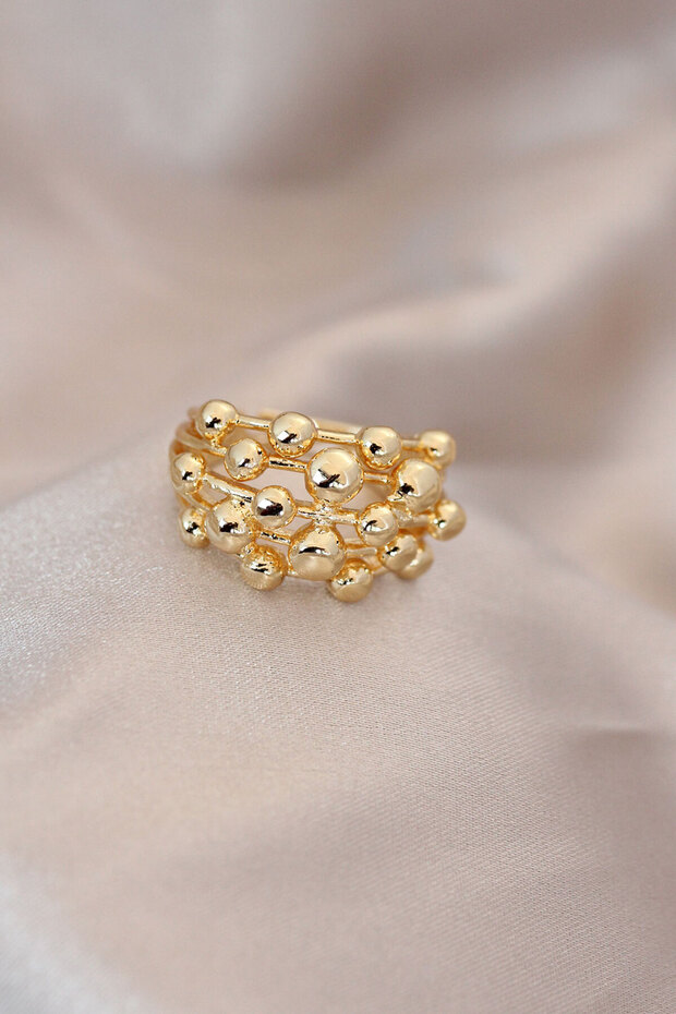 Rami̇a-Premi̇um Adjustable Gold Color Metal Curved Bead Model Ring Tj-Byk2060 -Tg.Ty