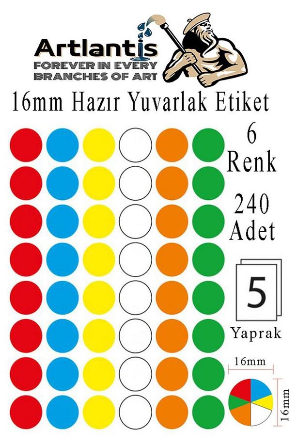 16 mm Renkli Hazır Yuvarlak Etiket 240 lı 1 Paket Mix Color Ofis Etiketleri Kendinden Yapışkanlı Nok - 1
