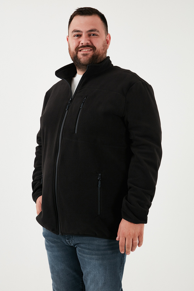 Regular Fit Mock Neck Zippered Large Size Fleece Cardigan Men's Cardigan 5906028B