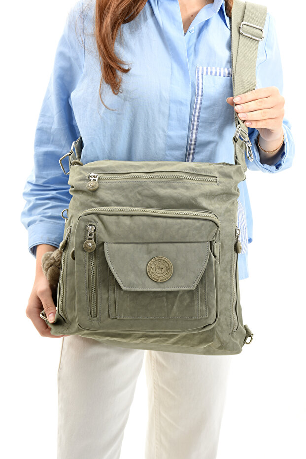Ultra Light Water Resistant Crinkle Fabric Multi-Pocket Cross Strap Both Backpack and Shoulder Bag Mink