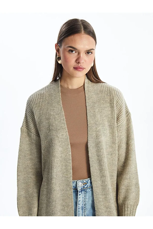 LCW Modest Şal Yaka Düz Uzun Kollu Oversize Kadın Triko Hırka - 3