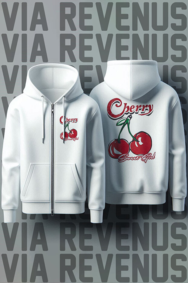 Cherry Front and Back Printed Unisex Zippered Hooded White Sweatshirt Cardigan