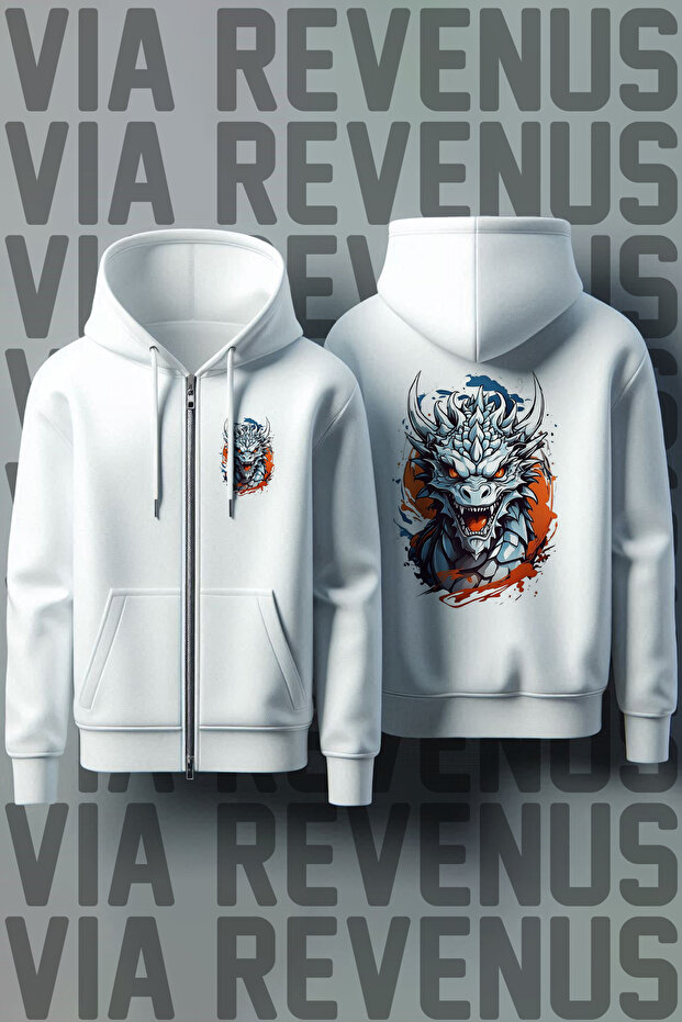 Dragon Front and Back Printed Unisex Zippered Hooded White Sweatshirt Cardigan