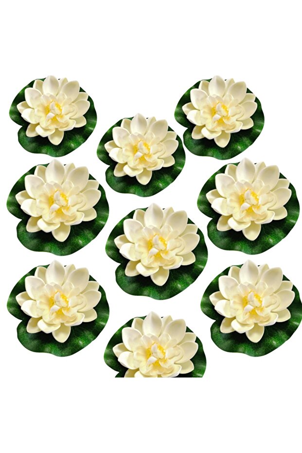 Milky White 9pcs Artificial Lotus Flowers with Lily Pads, Floating Foam Plastic Lotus Plant Set - Po