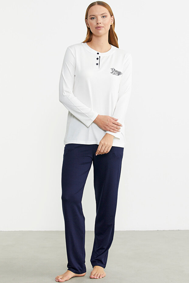 Patchwork Buttoned Pattern Combination Pajama Set - Navy Blue - 5