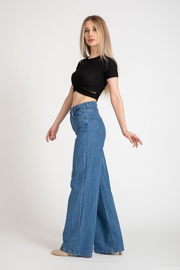 Yüksek Bel Yırtmaçlı Asit Kar Yıkama Buz Mavi Iç Paça Yırtmaçlı Flare Jeans Likralı Kot - 1