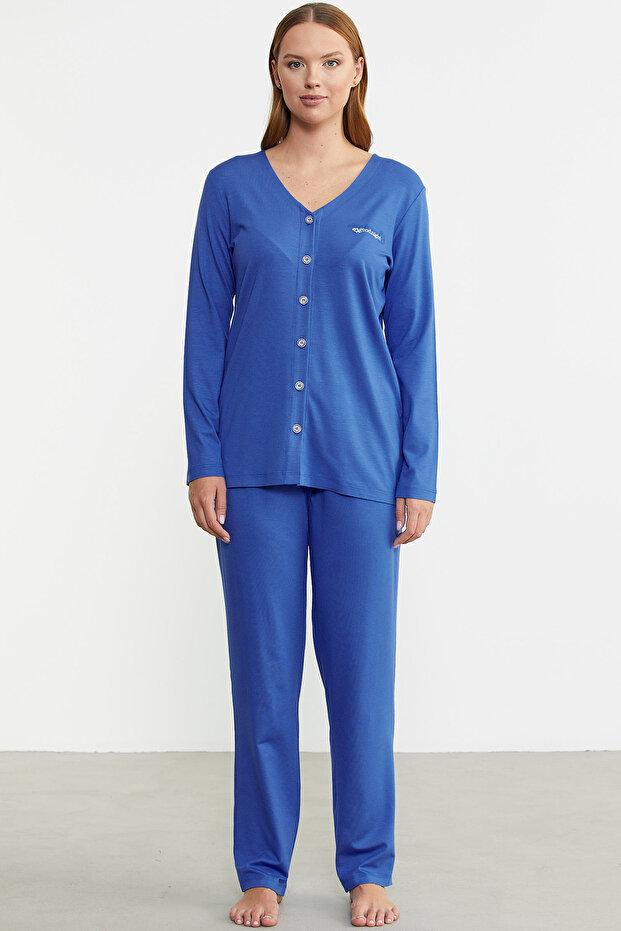 طقم بيجامة ساكس مريحة بأزرار أمامية - 2