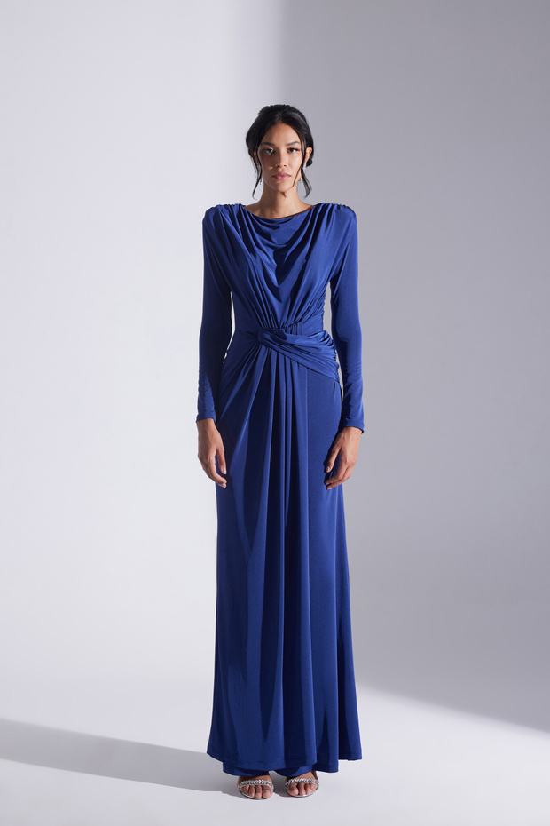 HAILEY SİYAH DRAPELİ UZUN ELBİSE - 3