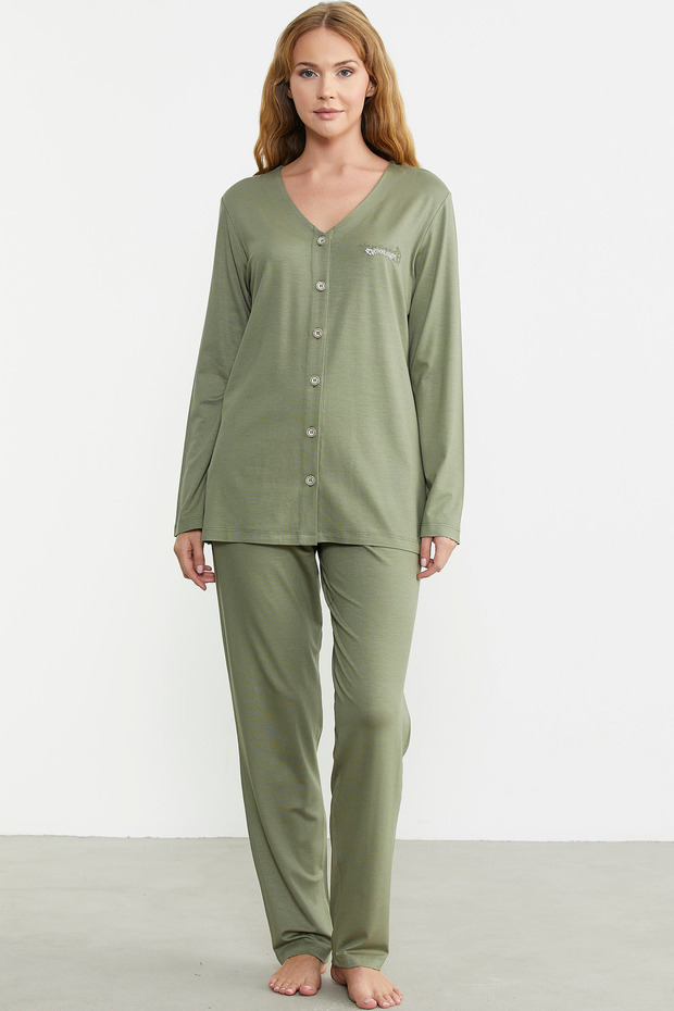 طقم بيجامة مريح باللون الأخضر - بأزرار أمامية - 1