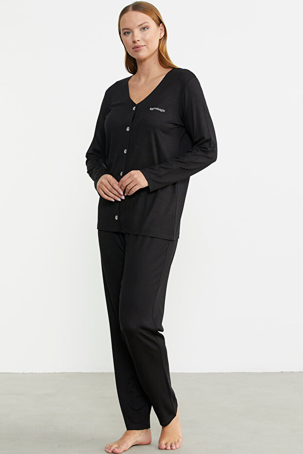Front Buttoned Comfortable Fit Pajama Set - Black - 4