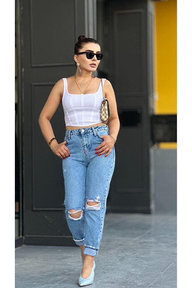 High Rise Double String Ripped Mom Jean (1842-2)