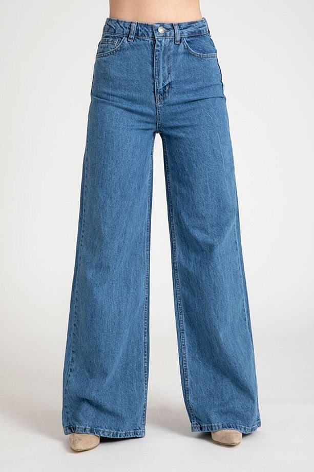 Yüksek Bel Yırtmaçlı Asit Kar Yıkama Buz Mavi Iç Paça Yırtmaçlı Flare Jeans Likralı Kot - 4
