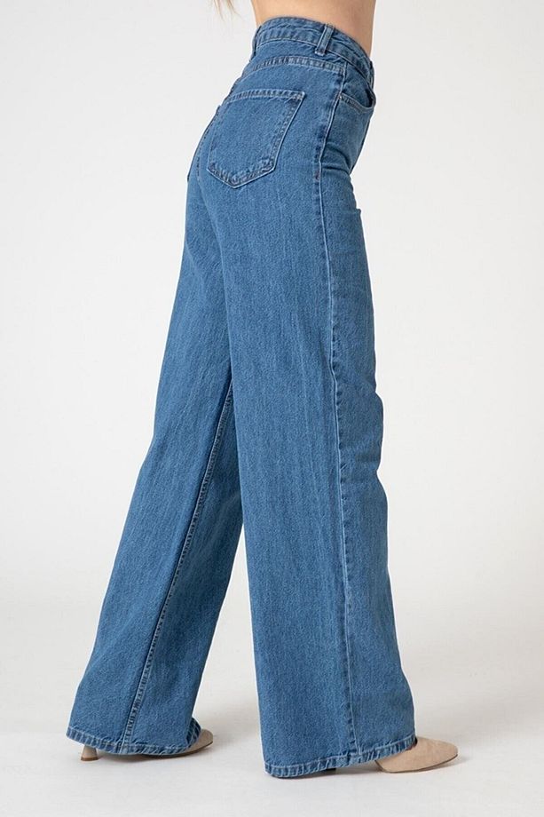 Yüksek Bel Yırtmaçlı Asit Kar Yıkama Buz Mavi Iç Paça Yırtmaçlı Flare Jeans Likralı Kot - 3