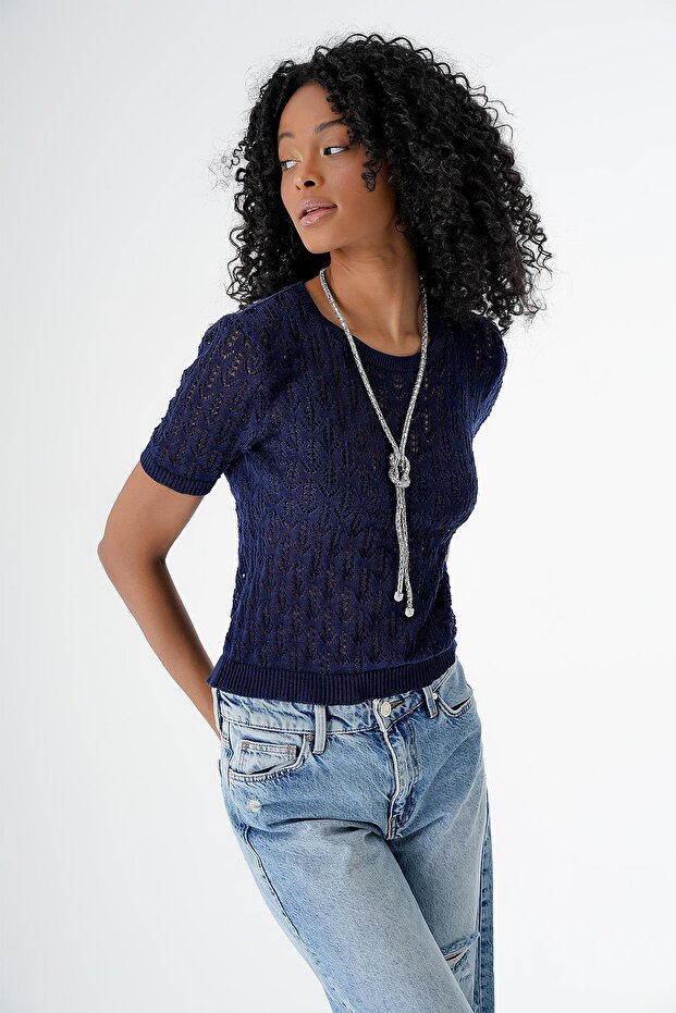 Women's Crew Neck Openwork Short Sleeve Knitwear Sweater Navy Blue 24S167