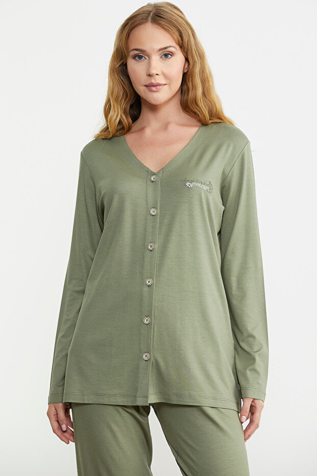 طقم بيجامة مريح باللون الأخضر - بأزرار أمامية - 5