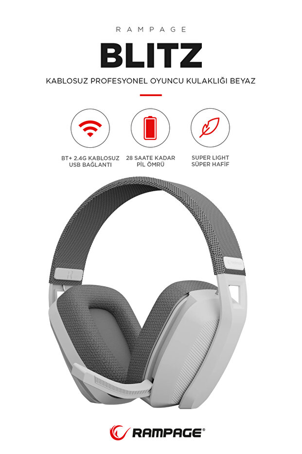 BLITZ Beyaz/Gri Wireless 2.4G+ Bluetooth Mikrofonlu Kablosuz Oyuncu Kulaklığı