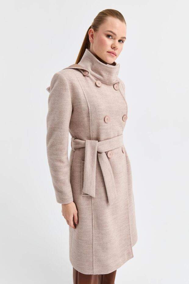 Balıksırtı Dokulu Yün Kaban  Bej - 5