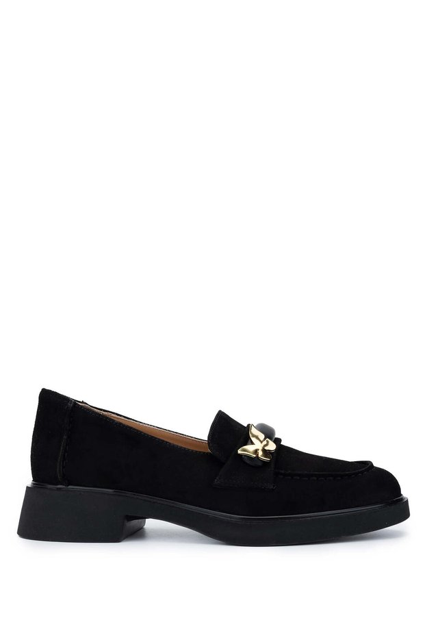 Women's Genuine Leather Black Suede Loafer Shoes