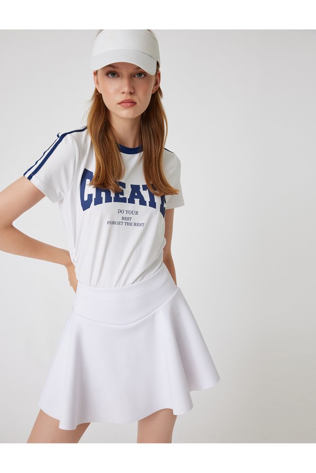 Sports T-Shirt Slogan Printed Piping Crew Neck Short Sleeve