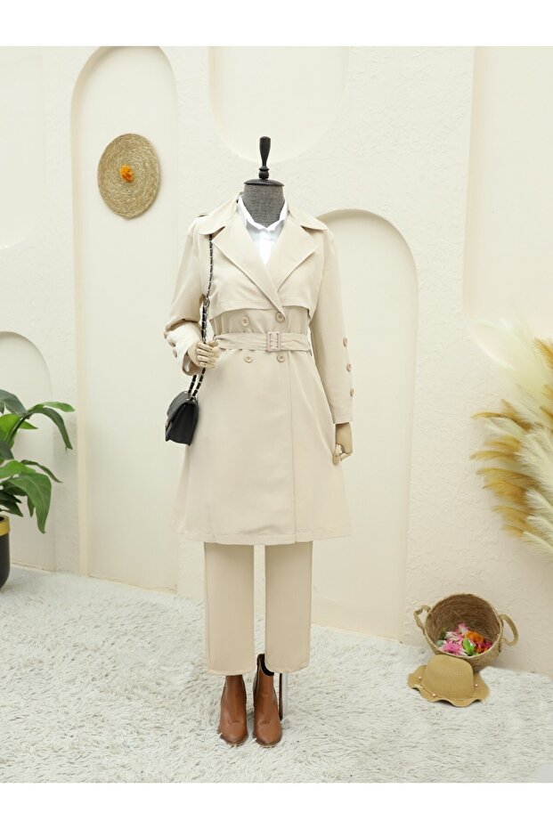 معطف واق من المطر مع بطانة داخلية وأزرار وحزام - 2