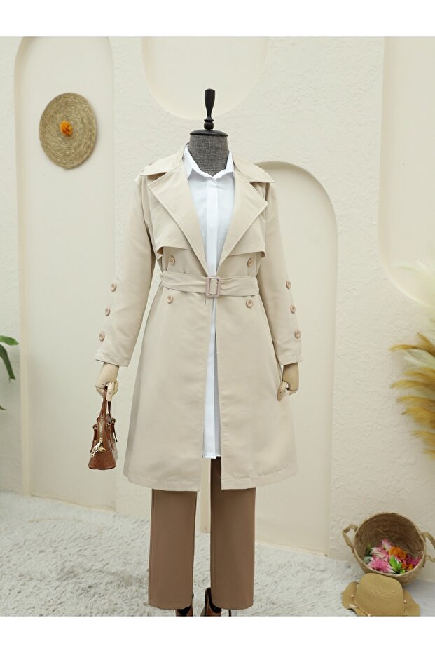 معطف واق من المطر مع بطانة داخلية وأزرار وحزام - 3