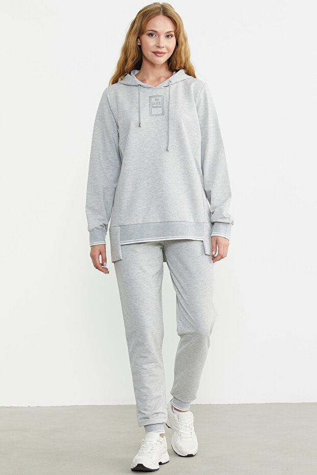 Hooded Sweatshirt with Knitted Hem Detail - Gray