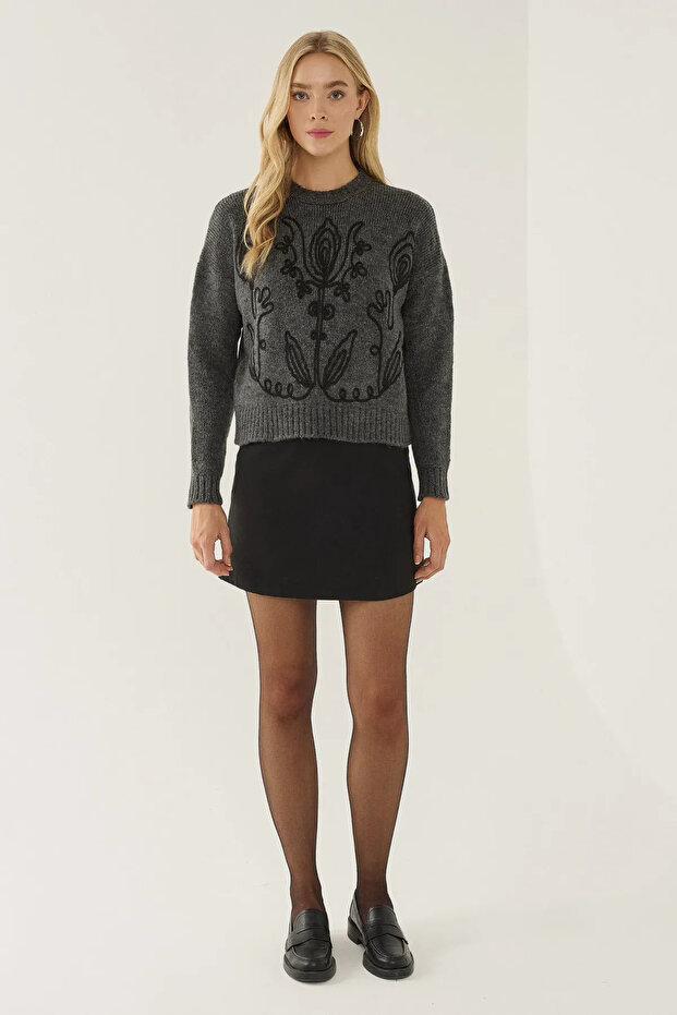 Çiçek Desenli Bisiklet Yaka Süveter - 2