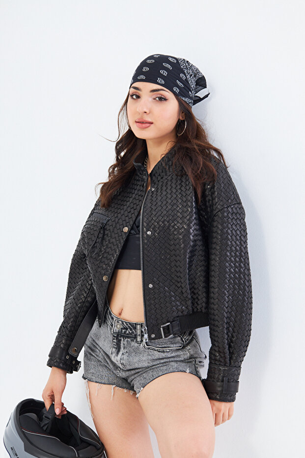 Oversize Deri Örme Biker Deri Ceket - 4