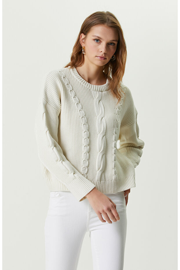 Ekru Saç Örgü Kazak - 1