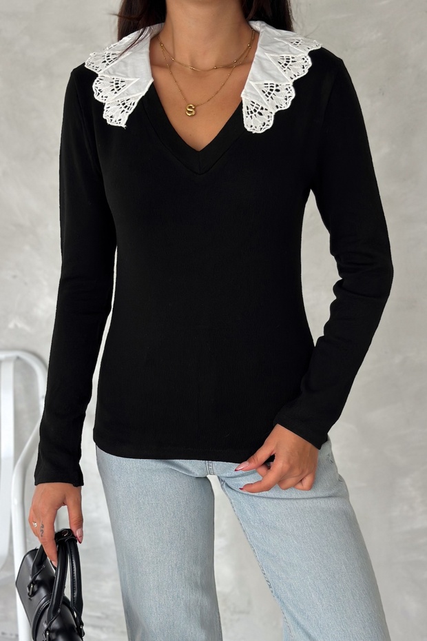 Kadın Siyah Gömlek Yaka Basic Bluz - 1