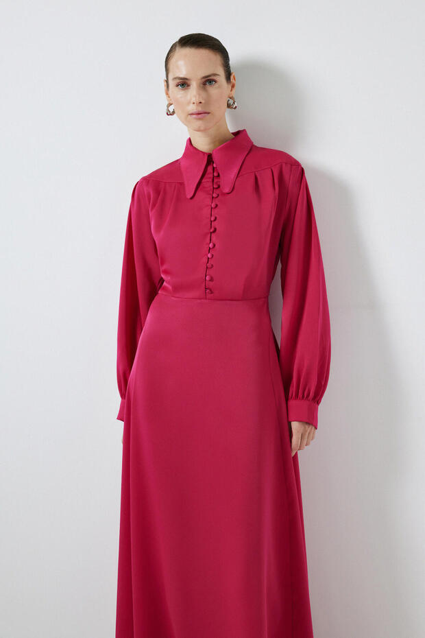A-Line Buttoned Satin Dress