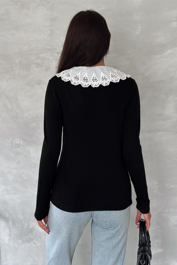 Kadın Siyah Gömlek Yaka Basic Bluz - 3