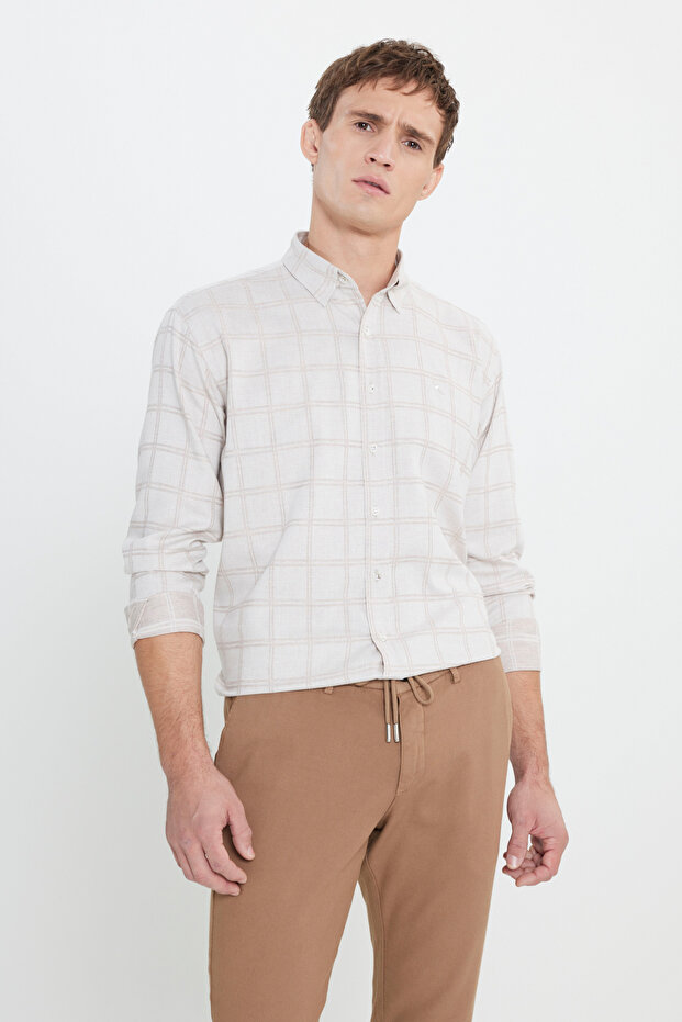 Oxford Regular Fit Rahat Kesim Gizli Düğmeli Yaka Kareli BEJ ACIK KAHVE Gömlek - 5