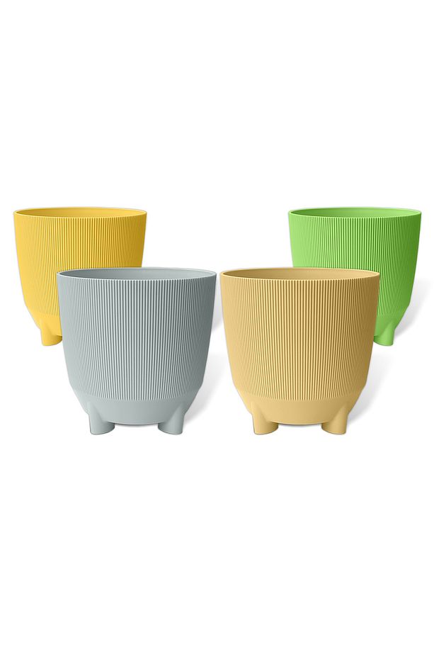 4 Adet 5 Litre Karışık Luna Saksı Çizgili Dekoratif Ayaklı Tabaksız Mat Plastik Saksı - 1