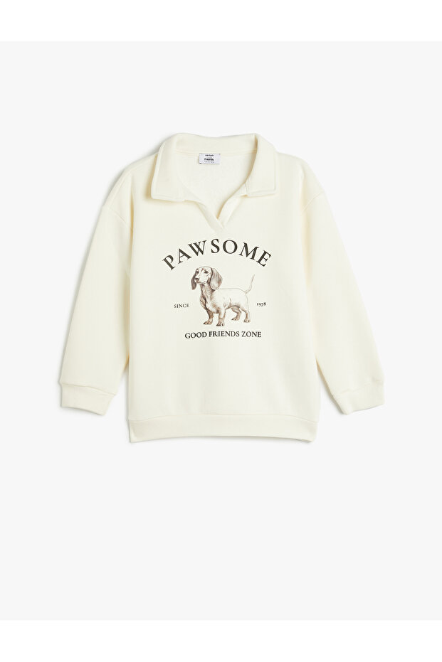 Polo Collar Sweatshirt Dog Print Long Sleeve Embroidered