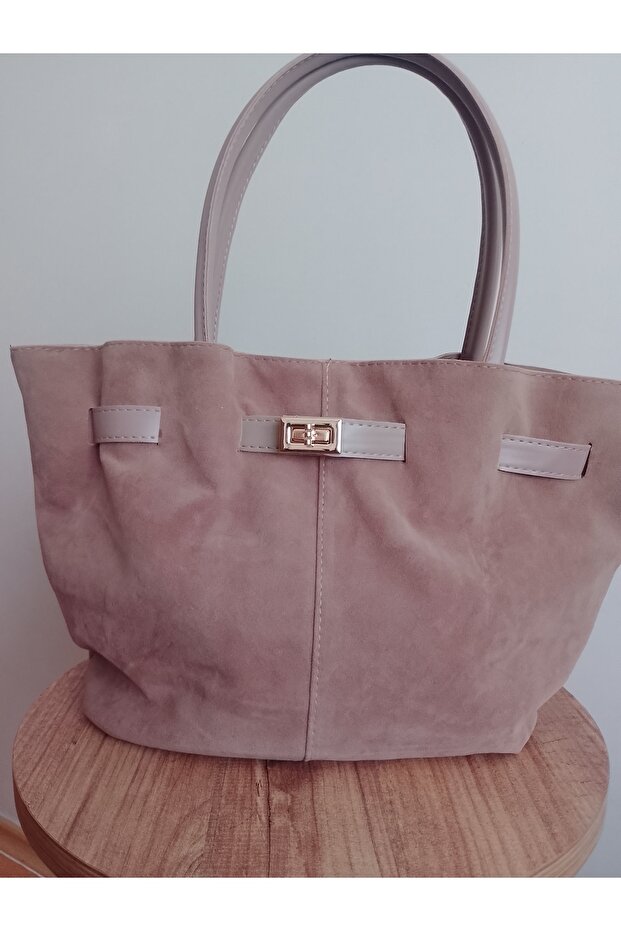 Beige Suede Lined Snap Closure Hand and Shoulder Bag - 1