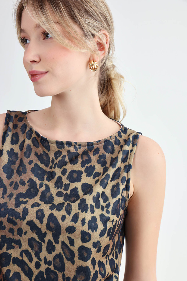Sıfır Kol Leopar Desen Elbise - 4